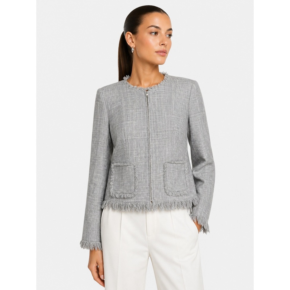 Rebecca Taylor Gray Tweed Fringe Hem Zip Front Blazer Jacket Minimalist 10 M